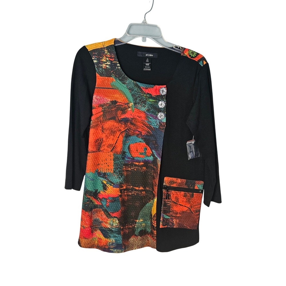 Ali Miles Asymmetrical Wearable Art ‎ Lagenlook Top Womens XS NWOT